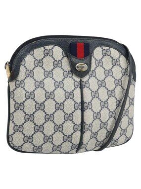 Authentic GUCCI GG Supreme Sherry Line Shoulder Bag PVC Navy Gold 904 02 047